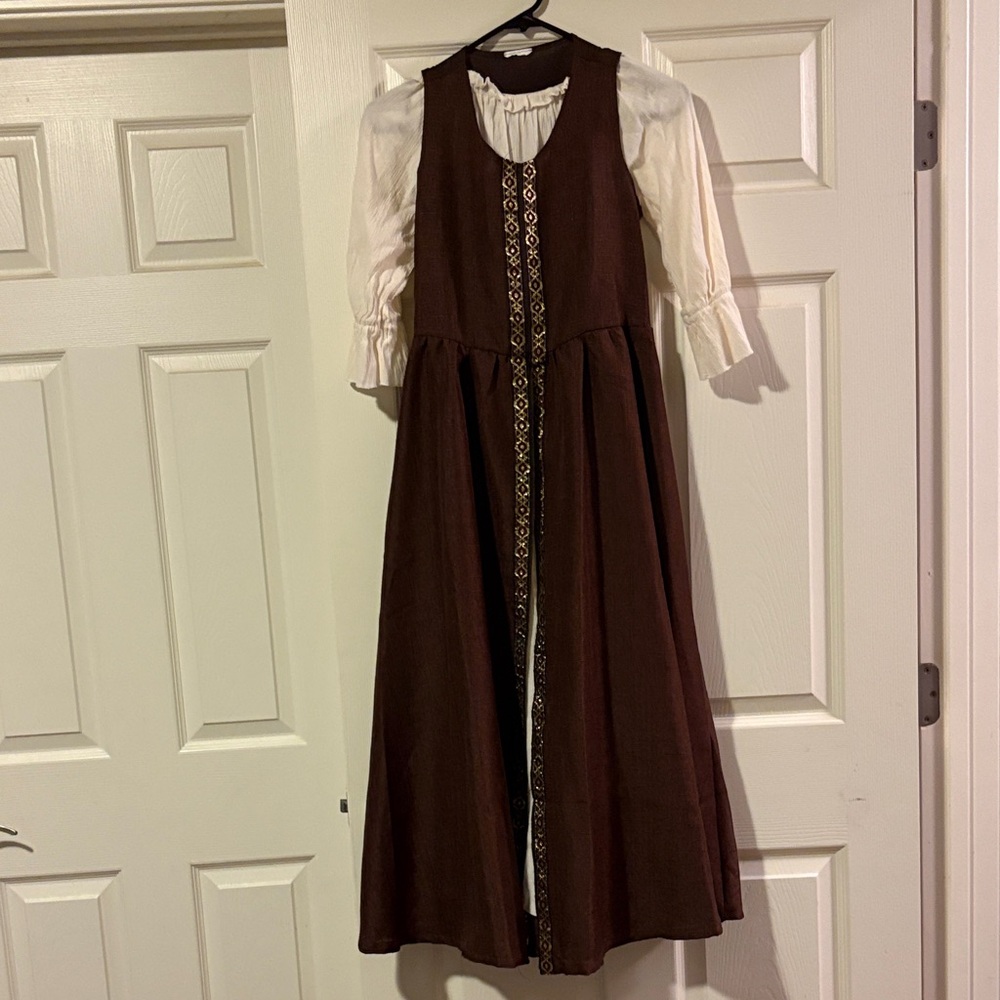 Brown Sleeveless Dress with White Long Sleeve Blouse-Renaissance Faire costume